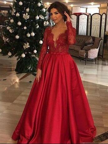 red long sleeve evening dress