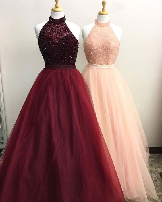 burgundy high neck prom dress