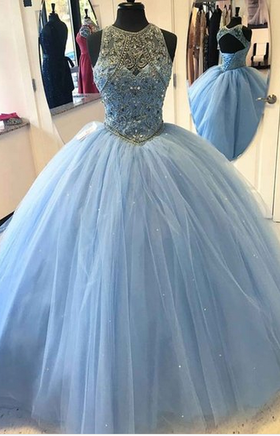 blue beaded evening gown